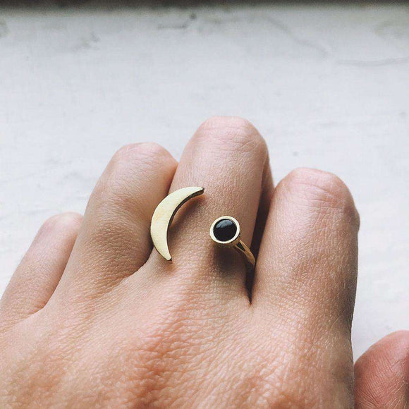 Crescent Moon Ring with Black Onyx, Adjustable