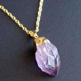 Long Raw Amethyst Crystal Statement Necklace, Gold