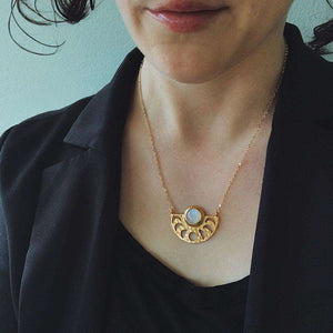 Moon Goddess Necklace - Gold Moon Phases Rainbow Moonstone Pendant