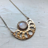 Moon Goddess Necklace - Gold Moon Phases Rainbow Moonstone Pendant