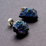 Raw Peacock Ore Chunk Earrings, Geo Rock Stud