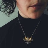 Sun Goddess Necklace - Gold Sun Pendant with Copper Oyster Turquoise